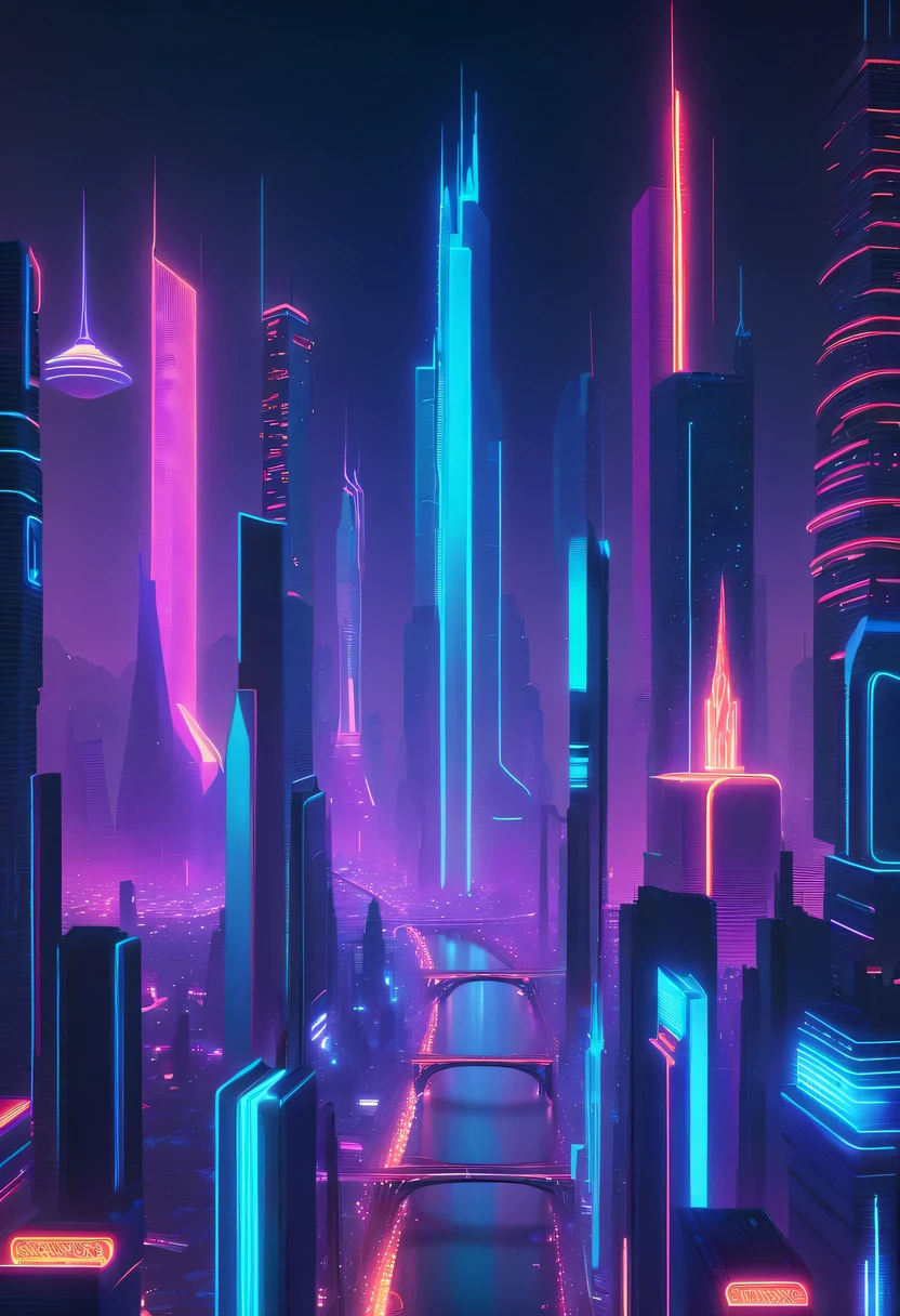 A vast network metropolis. neonlight,Embedded LED shine. A fusion of ancient legends and visions of the future, Excellent location，Features city views, (充满活力的neonlight:1.5), (digitial painting:1.25), (4K:1.2). enviroment: panoramic view of a city，skylines."