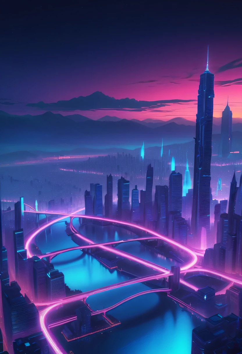A vast network metropolis. neonlight,Embedded LED shine. A fusion of ancient legends and visions of the future, Excellent location,Features city views, (充满活力的neonlight:1.5), (digitial painting:1.25), (4K:1.2). enviroment: panoramic view of a city,skylines."