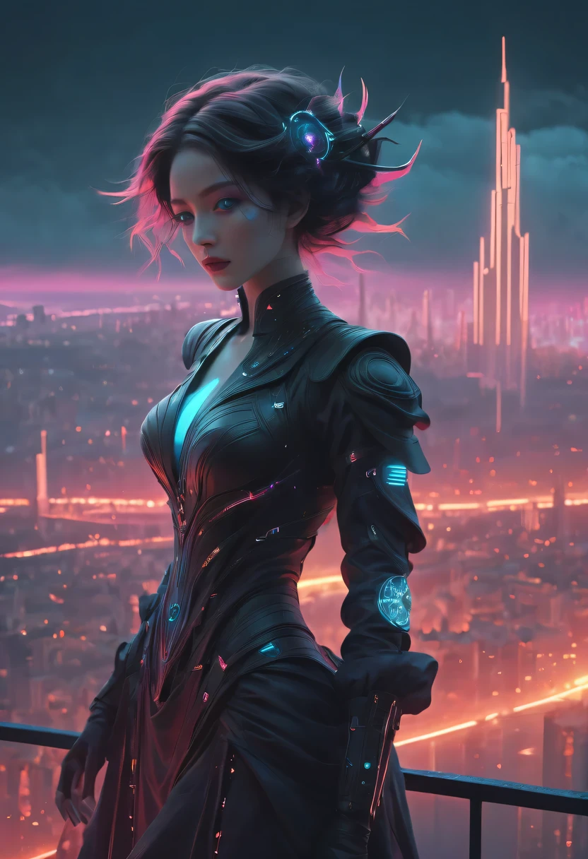 Meniscus,epic fantasy digital art style, and Mumford Tom Bagshaw.., dark fantasy style art, Epic fantasy art style,, dark fantasy art style, Epic fantasy art style HD, dark fantasy digital art,"artistic image type: {Perched on cybernetics, Investigate the vast cyber city below. neonlight,Embedded LED shine. A fusion of ancient legends and visions of the future}, Excellent location,Features city views, (充满活力的neonlight:1.5), (digitial painting:1.25), (4K:1.2). enviroment: panoramic view of a city,Fly over the skyline."