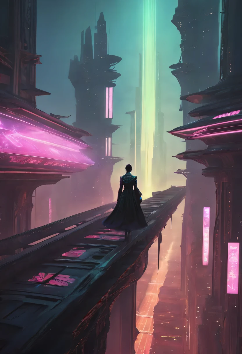 Meniscus,epic fantasy digital art style, and Mumford Tom Bagshaw.., dark fantasy style art, Epic fantasy art style,, dark fantasy art style, Epic fantasy art style HD, dark fantasy digital art,"artistic image type: {Perched on cybernetics, Investigate the vast cyber city below. neonlight,Embedded LED shine. A fusion of ancient legends and visions of the future}, Excellent location,Features city views, (充满活力的neonlight:1.5), (digitial painting:1.25), (4K:1.2). enviroment: panoramic view of a city,Fly over the skyline."