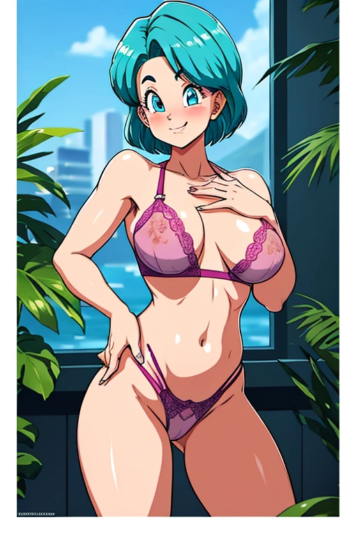 high definition, 8K, detailed face, grabbing her breast, showing her breast, Bulma from dragonball z, Deep blue eyes, ((pink see through lingerie)), spa, (large breasts)), slim and thin, body of equal proportionocus on her breast)), front view, four fingers and 1 thumb, ((2 handlue hair, Beautiful smile, Smiling at viewer, blushing cheeks,
