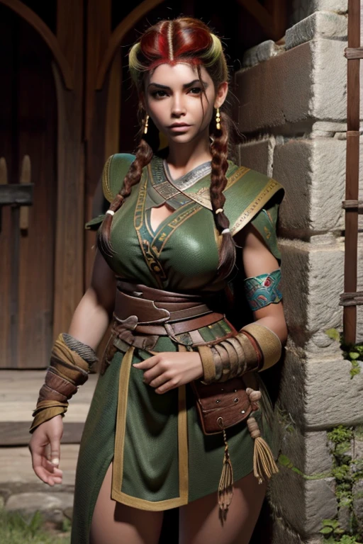 (Mujer vikinga:1.2),(Pintura de guerra en la cara), Maquillaje guerrero, (ojos verdes:1.1),(muscular),(Abrigo),(falda de piel), (auburn hair color:0.9),(Peinado vikingo),(loose hair with small braids on the scalp), (top con correa de cuero) plumaje, capa sobre el hombro, spaulderlue, traje gris y marron:1.2), guerrero