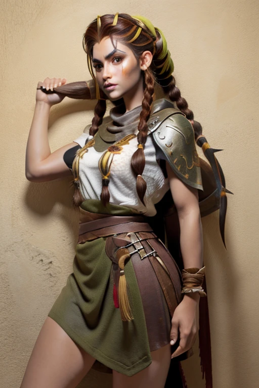 (Mujer vikinga:1.2),(Pintura de guerra en la cara), Maquillaje guerrero, (ojos verdes:1.1),(muscular),(Abrigo),(falda de piel), (auburn hair color:0.9),(Peinado vikingo),(loose hair with small braids on the scalp), (top con correa de cuero) plumaje, capa sobre el hombro, spaulderlue, traje gris y marron:1.2), guerrero