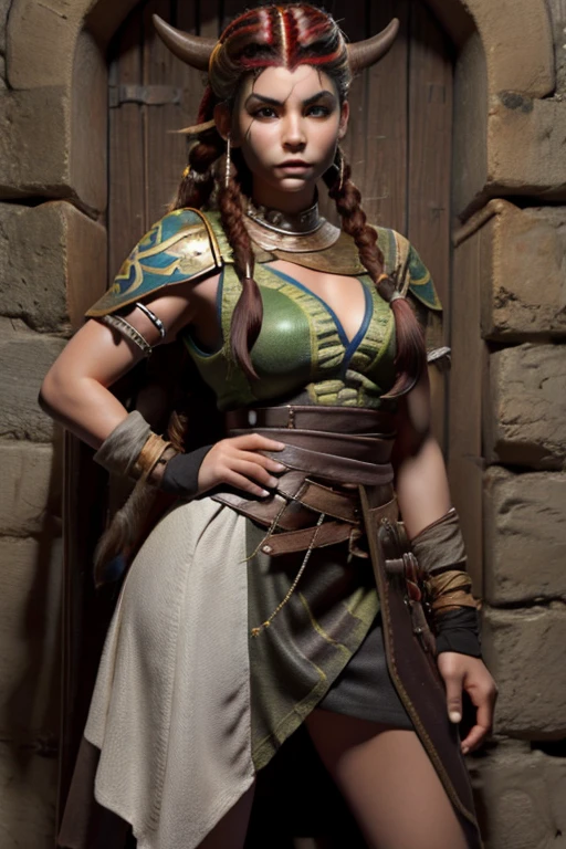 (Mujer vikinga:1.2),(Pintura de guerra en la cara), Maquillaje guerrero, (ojos verdes:1.1),(muscular),(Abrigo),(falda de piel), (auburn hair color:0.9),(Peinado vikingo),(loose hair with small braids on the scalp), (top con correa de cuero) plumaje, capa sobre el hombro, spaulderlue, traje gris y marron:1.2), guerrero