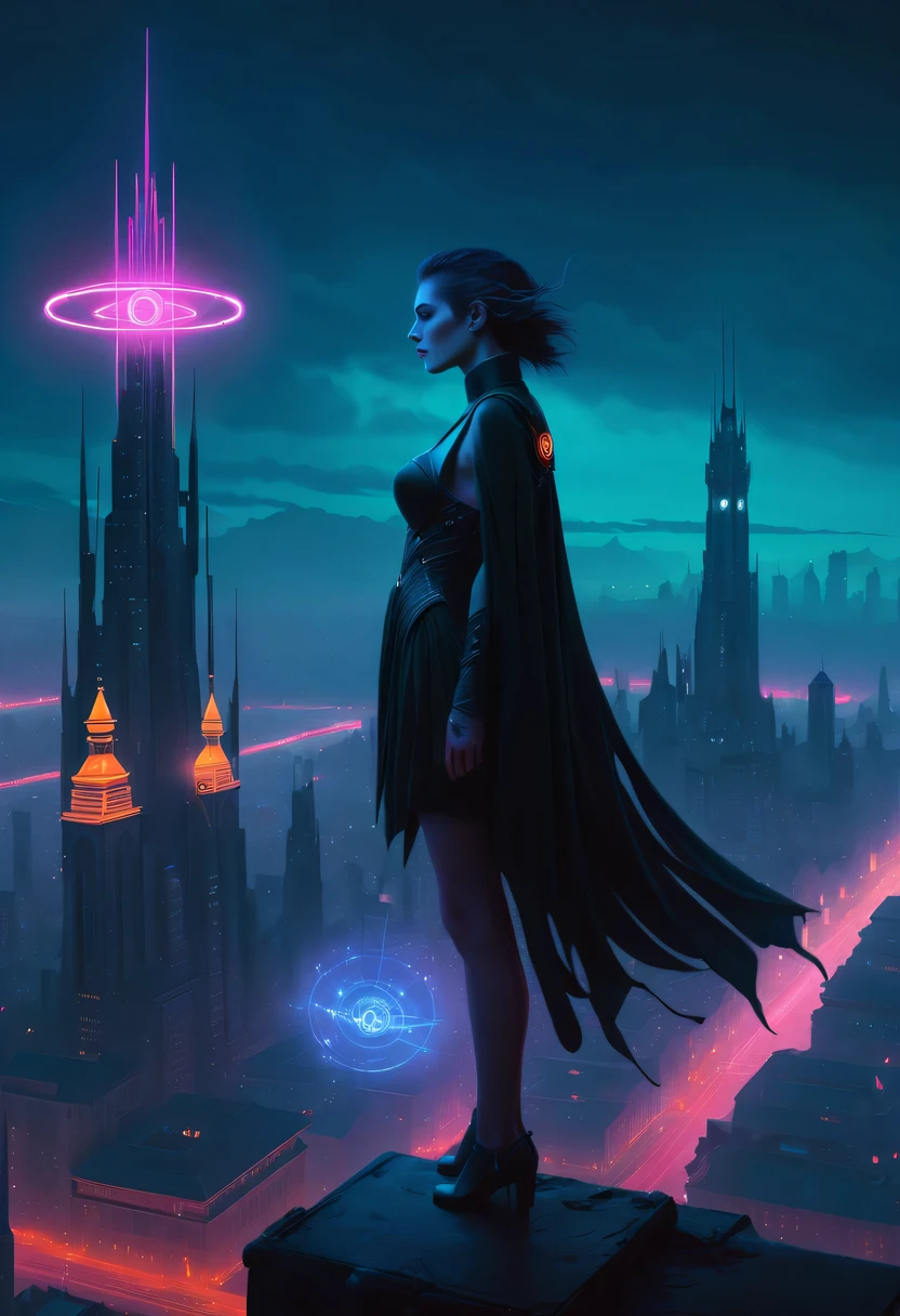 Meniscus,epic fantasy digital art style, and Mumford Tom Bagshaw.., dark fantasy style art, Epic fantasy art style,, dark fantasy art style, Epic fantasy art style HD, dark fantasy digital art,"artistic image type: {Perched on cybernetics, Investigate the vast cyber city below. neonlight,Embedded LED shine. A fusion of ancient legends and visions of the future}, Excellent location,Features city views, (充满活力的neonlight:1.5), (digitial painting:1.25), (4K:1.2). enviroment: panoramic view of a city,Fly over the skyline."