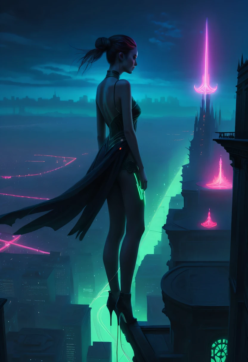 Meniscus,epic fantasy digital art style, and Mumford Tom Bagshaw.., dark fantasy style art, Epic fantasy art style,, dark fantasy art style, Epic fantasy art style HD, dark fantasy digital art,"artistic image type: {Perched on cybernetics, Investigate the vast cyber city below. neonlight,Embedded LED shine. A fusion of ancient legends and visions of the future}, Excellent location,Features city views, (充满活力的neonlight:1.5), (digitial painting:1.25), (4K:1.2). enviroment: panoramic view of a city,Fly over the skyline."