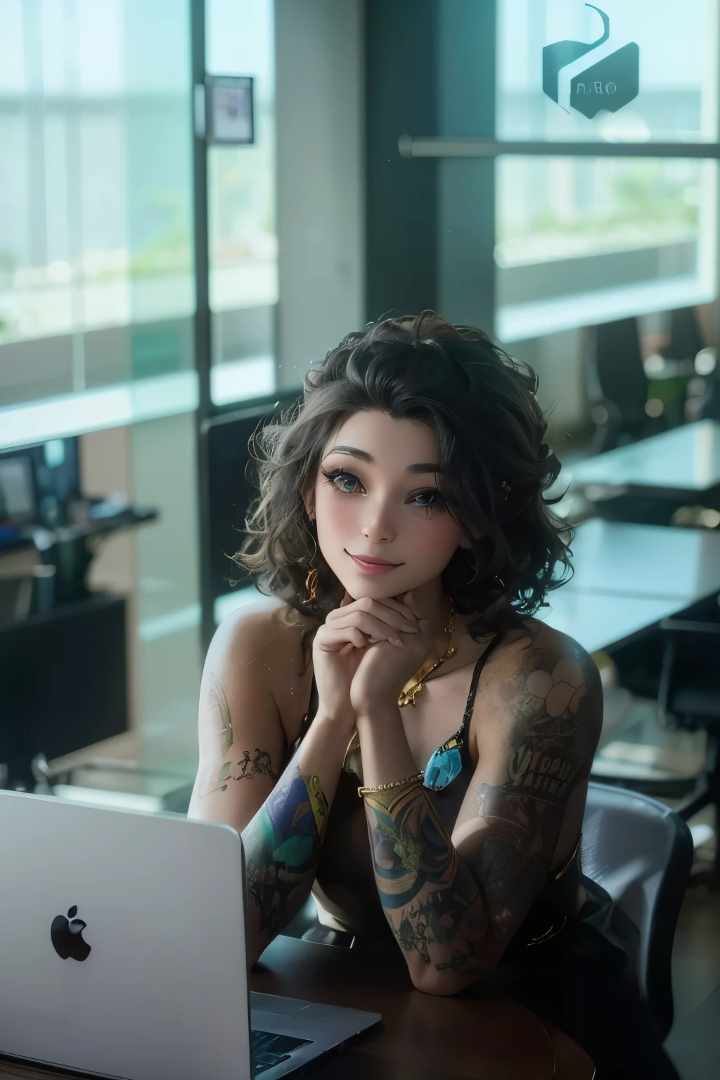 Modelo Disney, trabalhando com seu computador, pode elegante e sorridente, alta qualidade, tatuada.