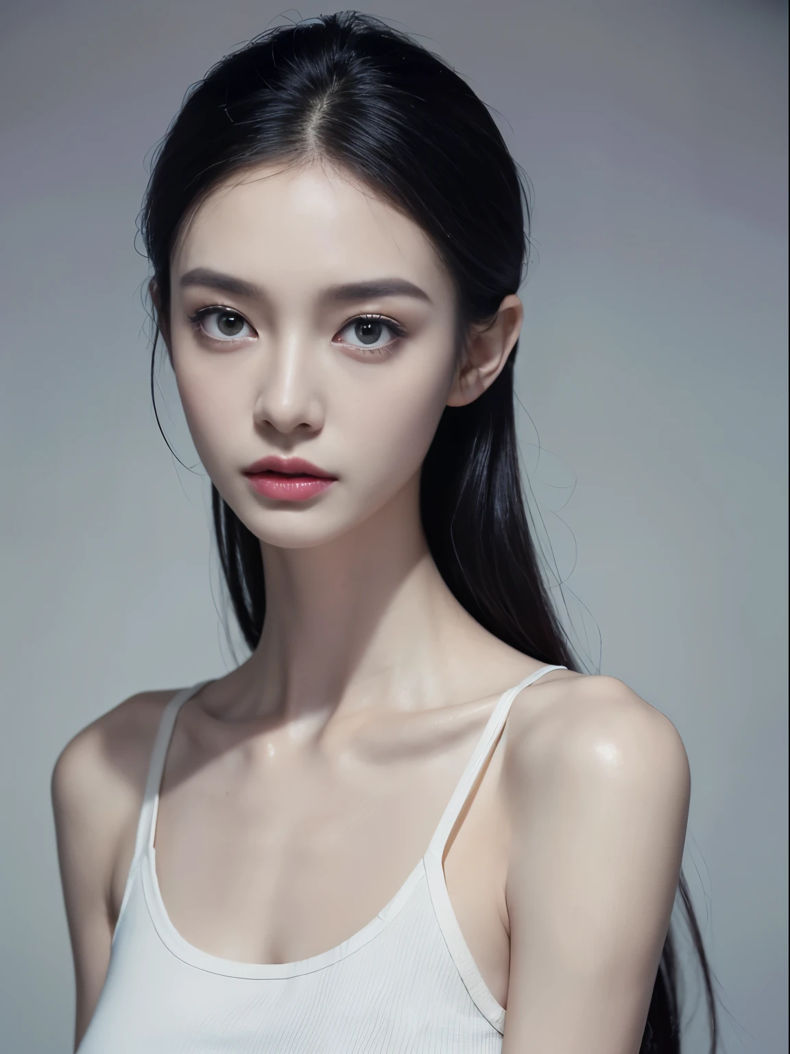 (Photorealistic),(Masterpiece),(ultra-detailed),a very close facial shot of very beautiful and tall but so delicate and weak and thin and fragile because she hasn’t eaten for a month,wearing a sweat crop tank top ,have no fat or muscles, quite tall but very small and feeble and fragile body frame,enduring extreme hunger,big eyes and very small face