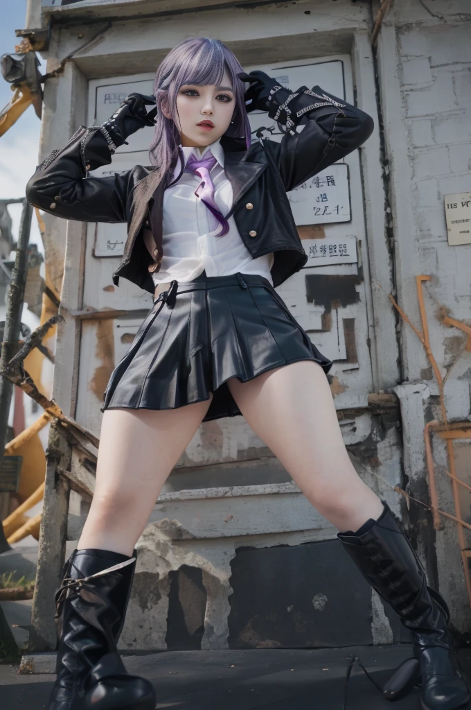 photo Realistic, masutepiece, Realistic, High contrast, hyper Detailed, Best Quality, 超A high resolution, photo Realistic, High resolution, Detailed, Raw photo, Kyoko Kirigiri, Long hair, Purple hair, Side braid, Blunt bangs, Hair Ribbon, a black ribbon, High collar, Brown tie, Black Leather Motorcycle Jacket, Long sleeves, Black leather gloves, Black mini skirt, Pleated skirt, Black long boots, Full Shot, Danganronpa \(Series\), Street, Full Shot, Looking at Viewer, White shirt, Woman, (((From below))), Busy city, foreshortening, (Pose Seductive), Looking at Viewer, mad, (eyecontact), japanaese girl,