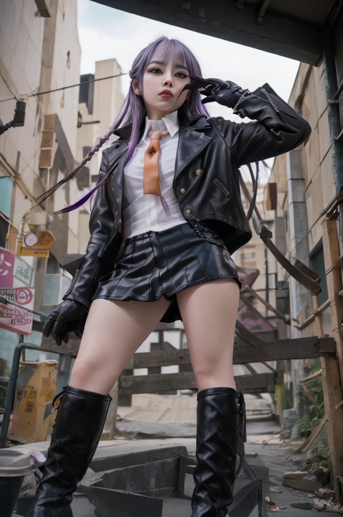 photo Realistic, masutepiece, Realistic, High contrast, hyper Detailed, Best Quality, 超A high resolution, photo Realistic, High resolution, Detailed, Raw photo, Kyoko Kirigiri, Long hair, Purple hair, Side braid, Blunt bangs, Hair Ribbon, a black ribbon, High collar, Brown tie, Black Leather Motorcycle Jacket, Long sleeves, Black leather gloves, Black mini skirt, Pleated skirt, Black long boots, Full Shot, Danganronpa \(Series\), Street, Full Shot, Looking at Viewer, White shirt, Woman, (((From below))), Busy city, foreshortening, (Pose Seductive), Looking at Viewer, mad, (eyecontact), japanaese girl,