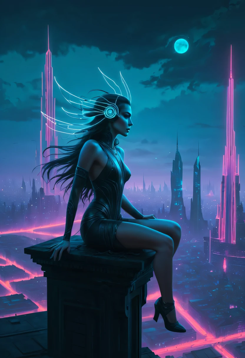 Meniscus,epic fantasy digital art style, and Mumford Tom Bagshaw.., dark fantasy style art, Epic fantasy art style,, dark fantasy art style, Epic fantasy art style HD, dark fantasy digital art,"artistic image type: {Perched on cybernetics, Investigate the vast cyber city below. neonlight,Embedded LED shine. A fusion of ancient legends and visions of the future}, Excellent location,Features city views, (充满活力的neonlight:1.5), (digitial painting:1.25), (4K:1.2). enviroment: panoramic view of a city,Fly over the skyline."