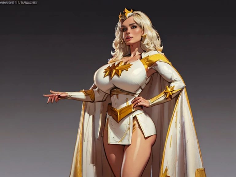 ((masterpiece)),(((best quality))),((character design sheet)), illustration,1woman, ((starlight:1.2)) theboys, environment Scene change, muscular, (gigantic breasts:1.3), (black legs), thick legs, (royalty cape:1.5), scribbles and marks, fire, ((detailed face:1.1)), rough sketches, pose too, platinum blonde, black and gold color palette, 8k,16k, ( background, light background: 1.3)