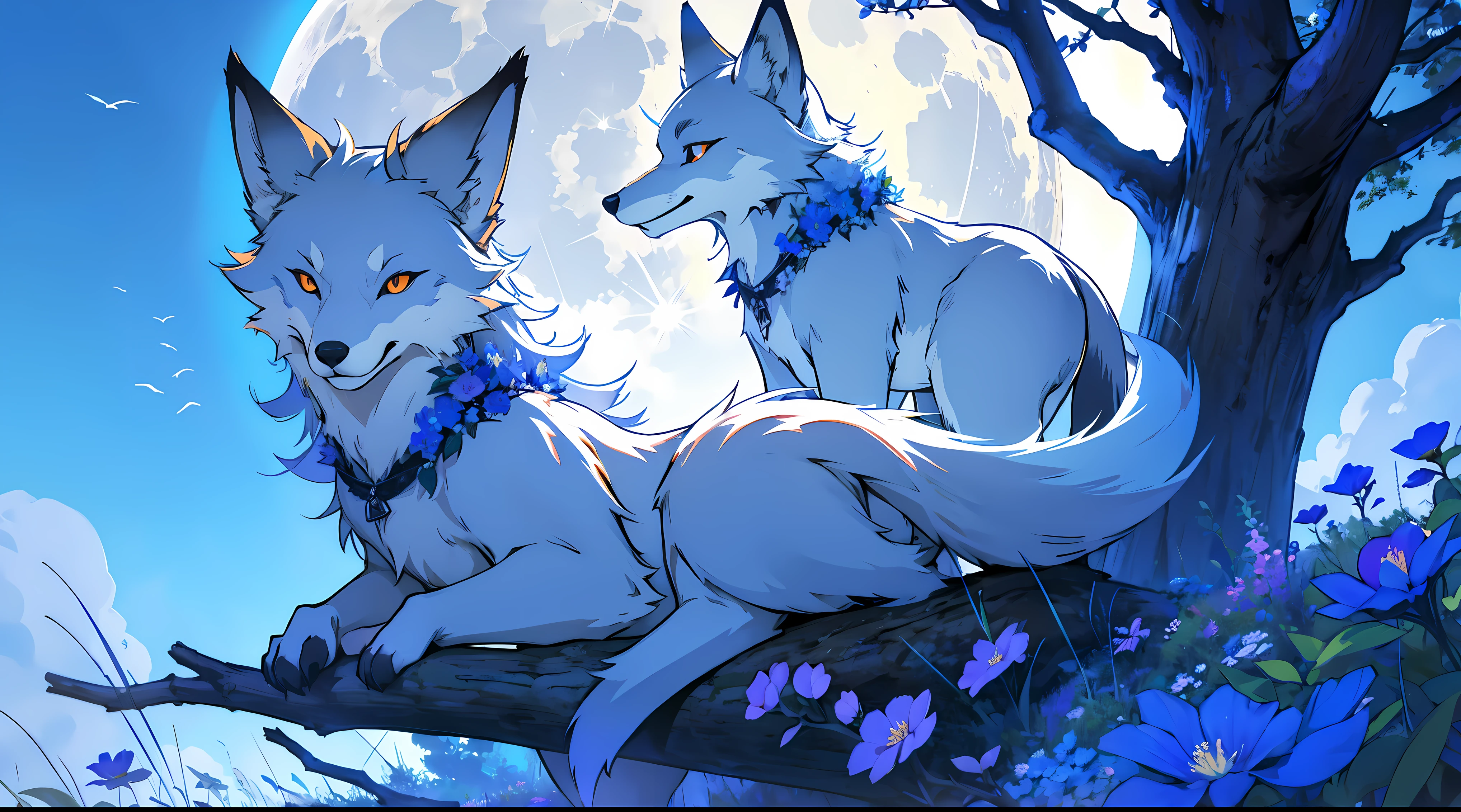silver-furred fox with nine tails under a tree full of blue flowers with the moon behind