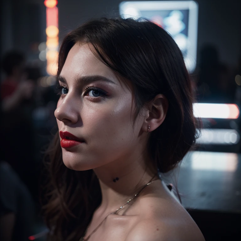 (HD) (8k) (detailed) Chrismas table Red lipstic blues eyes photo from the right profile from cyberpunk style noir Warhol