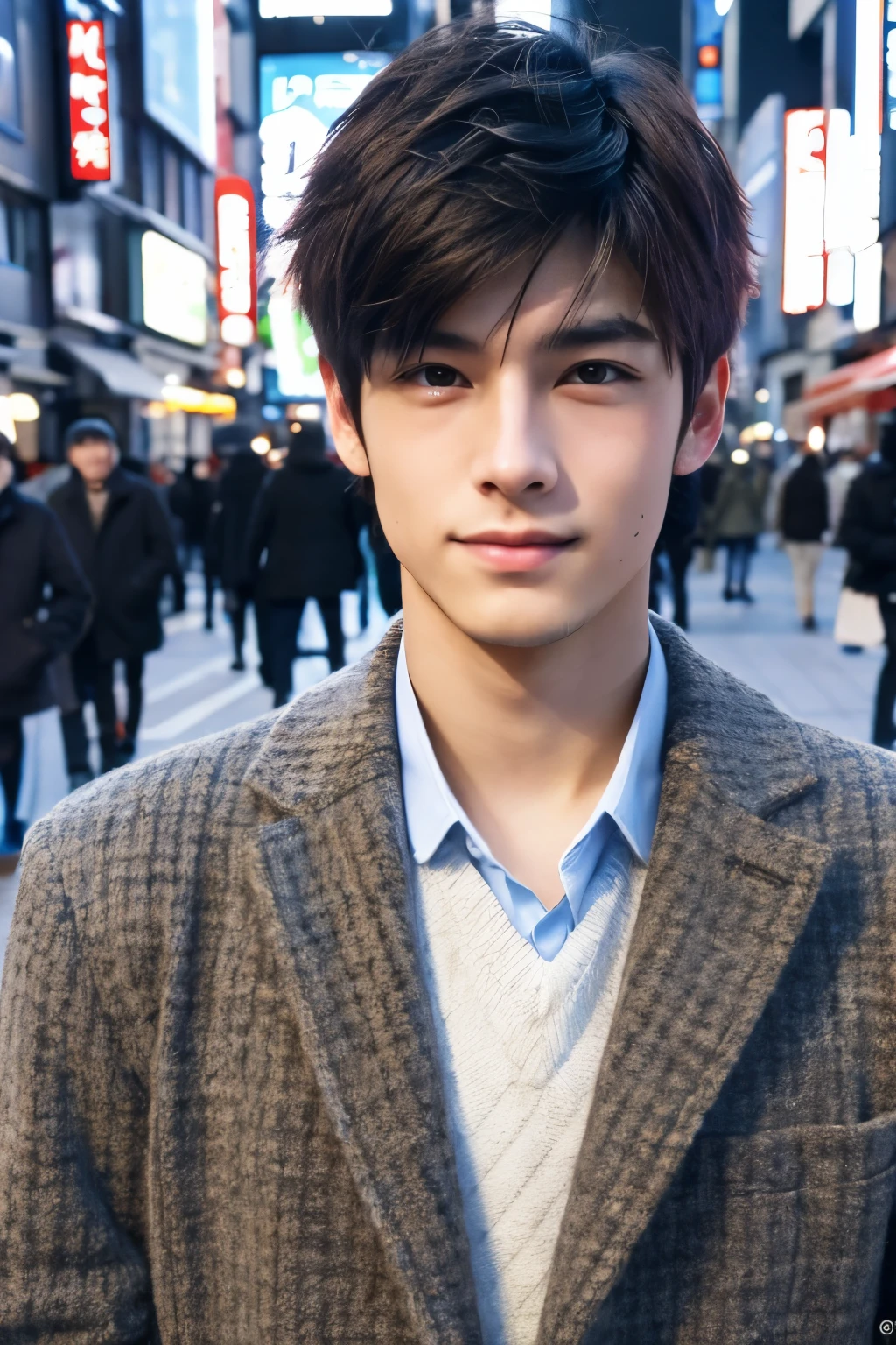 Photorealsitic, 8K full body poster, Beautiful Boys, japanes, An 18-year-old man, A charming expression, detailed face details, TOKYOcty, Winters, Shibuya in the background