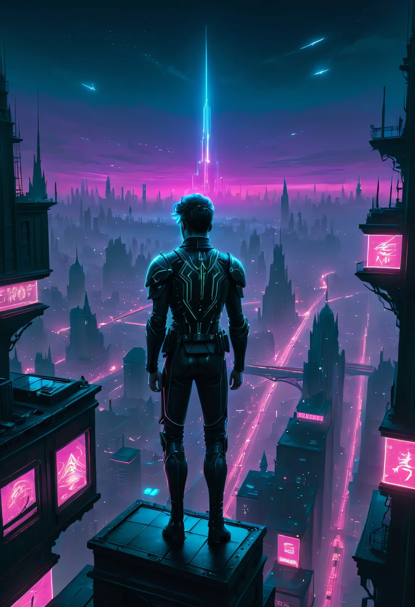 Meniscus,epic fantasy digital art style, and Mumford Tom Bagshaw.., dark fantasy style art, Epic fantasy art style,, dark fantasy art style, Epic fantasy art style HD, dark fantasy digital art,"artistic image type: {Perched on cybernetics, Investigate the vast cyber city below. neonlight,Embedded LED shine. A fusion of ancient legends and visions of the future}, Excellent location,Features city views, (充满活力的neonlight:1.5), (digitial painting:1.25), (4K:1.2). enviroment: panoramic view of a city,Fly over the skyline."