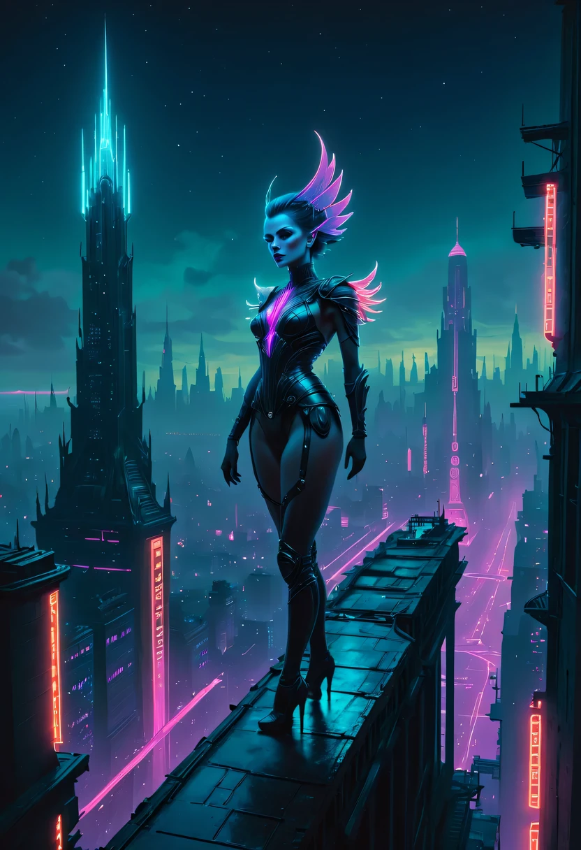 Meniscus,epic fantasy digital art style, and Mumford Tom Bagshaw.., dark fantasy style art, Epic fantasy art style,, dark fantasy art style, Epic fantasy art style HD, dark fantasy digital art,"artistic image type: {Perched on cybernetics, Investigate the vast cyber city below. neonlight,Embedded LED shine. A fusion of ancient legends and visions of the future}, Excellent location,Features city views, (充满活力的neonlight:1.5), (digitial painting:1.25), (4K:1.2). enviroment: panoramic view of a city,Fly over the skyline."