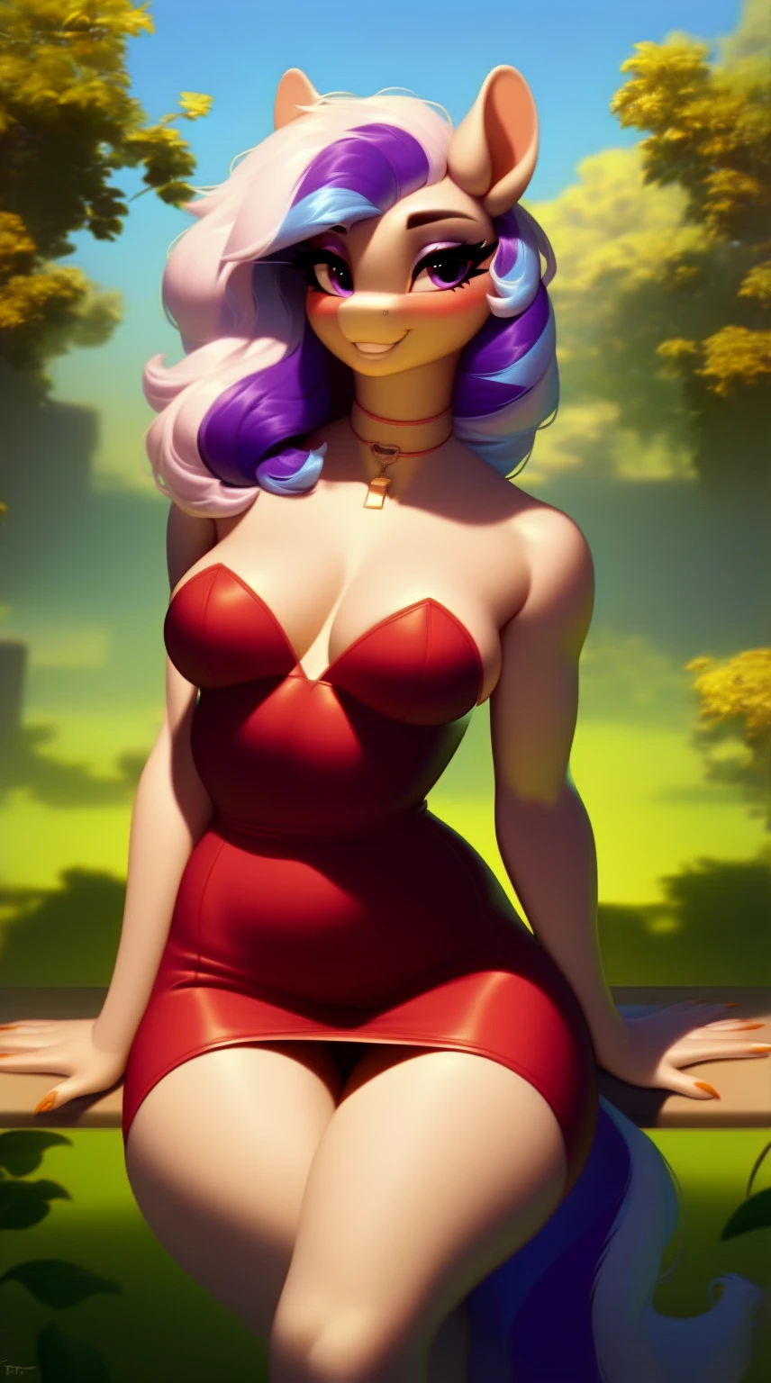 (score_9), (source_derpibooru_p_95), (solo), ((anthro o.c pony 1.1)), (strapless dress), sexy, blushing, cute smile, anatomically correct, small breasts, solo, hourglass figure, curvy, plump body, cute, high res, realistic hair, mature women, milf, beautiful long neck,