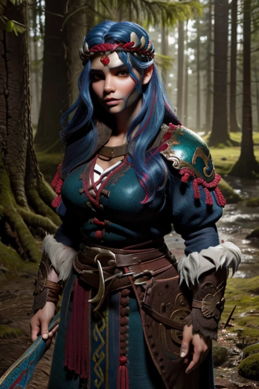 Mujer guerrera vikinga con ojos azules y cabello rojo.. El entorno es un bosque escandinavo en primavera. Imagen de ultra calidad con detalles realistas. HDR