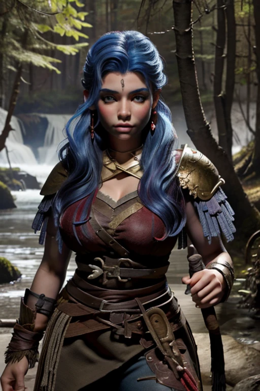 Mujer guerrera vikinga con ojos azules y cabello rojo.. El entorno es un bosque escandinavo en primavera. Imagen de ultra calidad con detalles realistas. HDR