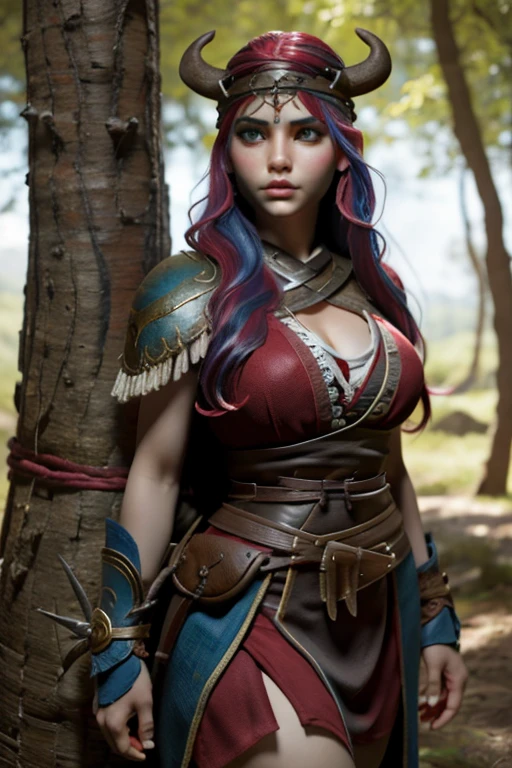 Mujer guerrera vikinga con ojos azules y cabello rojo.. El entorno es un bosque escandinavo en primavera. Imagen de ultra calidad con detalles realistas. HDR