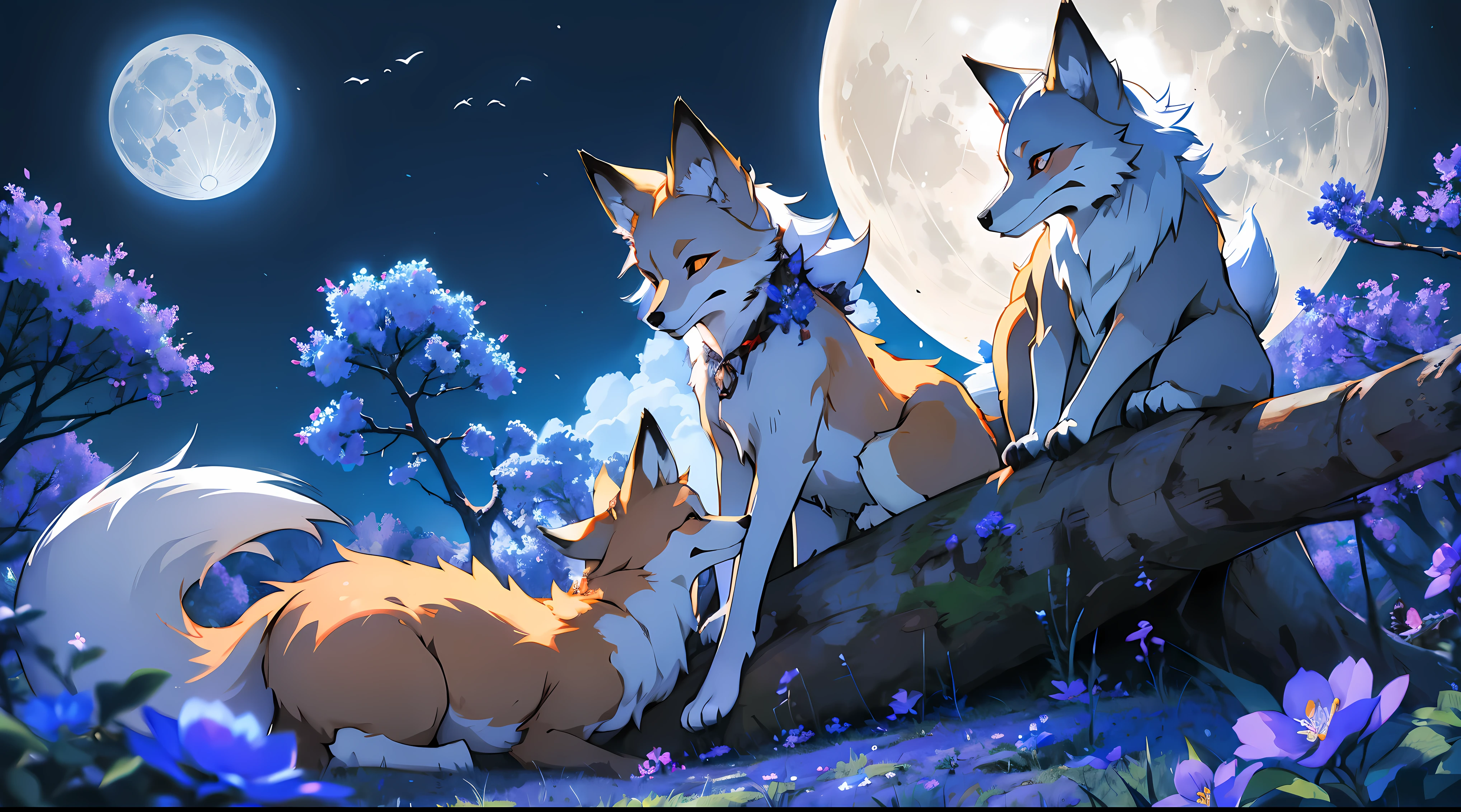 silver-furred fox with nine tails under a tree full of blue flowers with the moon behind