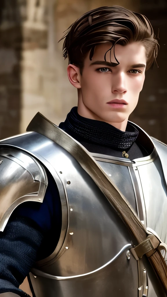 A young man, European medieval scene, medieval knight in armor, shirtless, pecs, abs, handsome, attractive boy, European boy, best quality, cinematographic, the most handsome boy, strong jaw, harmonious face, focus on the boy, heroic, medieval hero, photo realism, movie scene, medieval fantasy, greek model, greek face