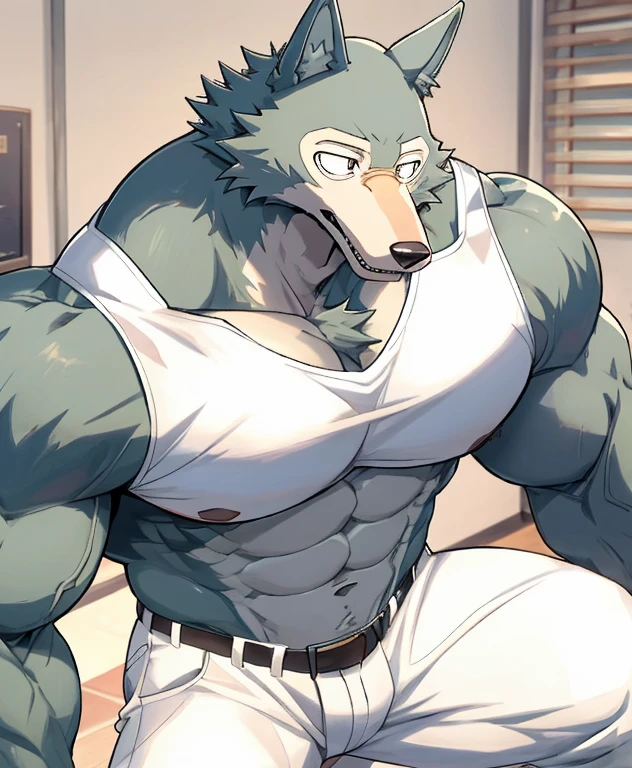 Legoshi, Beastars, muscular, bodybuilder, athletic, wolf, anthro, large pectorals, veiny muscles, huge muscles, v shape body, tight black shirt, looking down at chest