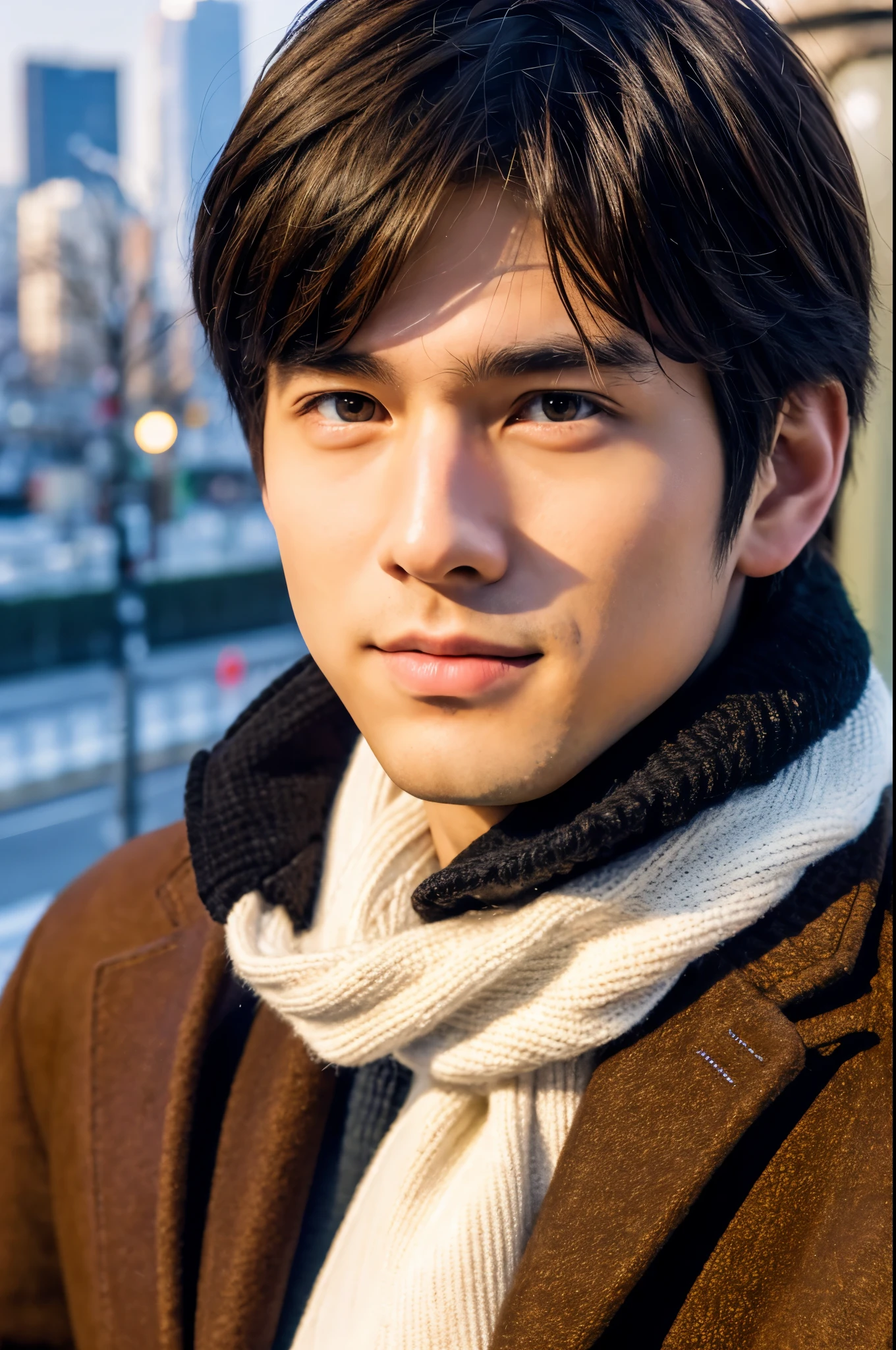 Photorealsitic, 8K full body poster, Beautiful Boys, japanes, An 18-year-old man, A charming expression, detailed face details, TOKYOcty, Winters, Shibuya in the background