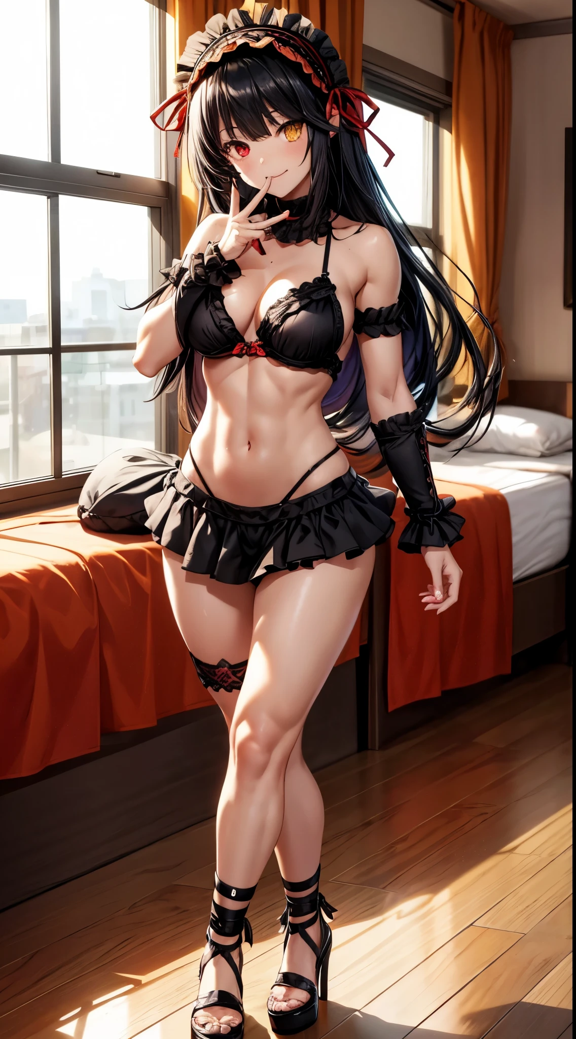 1 girl, bare shoulders, black hair, medium breasts, muscular legs, muscular belly, wide hips, thin waist, (((clock eyes))), wearing a very short and sexy bikini, finger to mouth, Frills, ((( in motel room))), full body, goth, hairband, heterochromia, raised index finger, black high heel shoes, ta hairband, long hair, Looking at Viewer, red eyes, smile, alone, pupils symbol-shaped, (Kurumi Tokisaki), twentails, uneven Double tails, yellow eyes, Daggers in hands