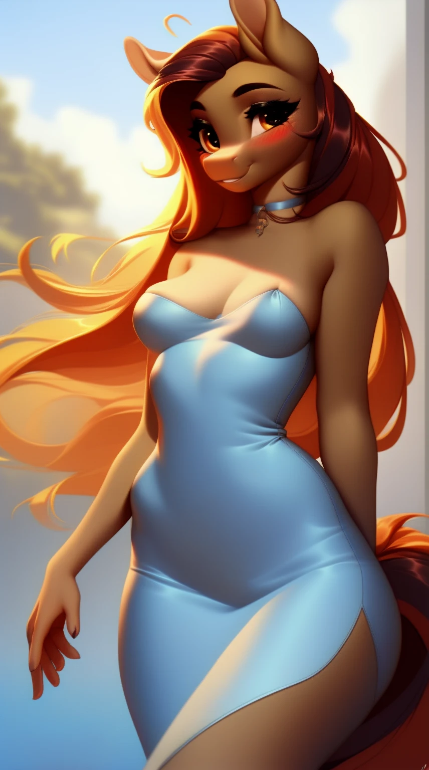 (score_9), (source_derpibooru_p_95), (solo), ((anthro o.c pony 1.1)), (strapless dress), sexy, blushing, cute smile, anatomically correct, small breasts, solo, hourglass figure, curvy, plump body, cute, high res, realistic hair, mature women, milf, beautiful long neck,
