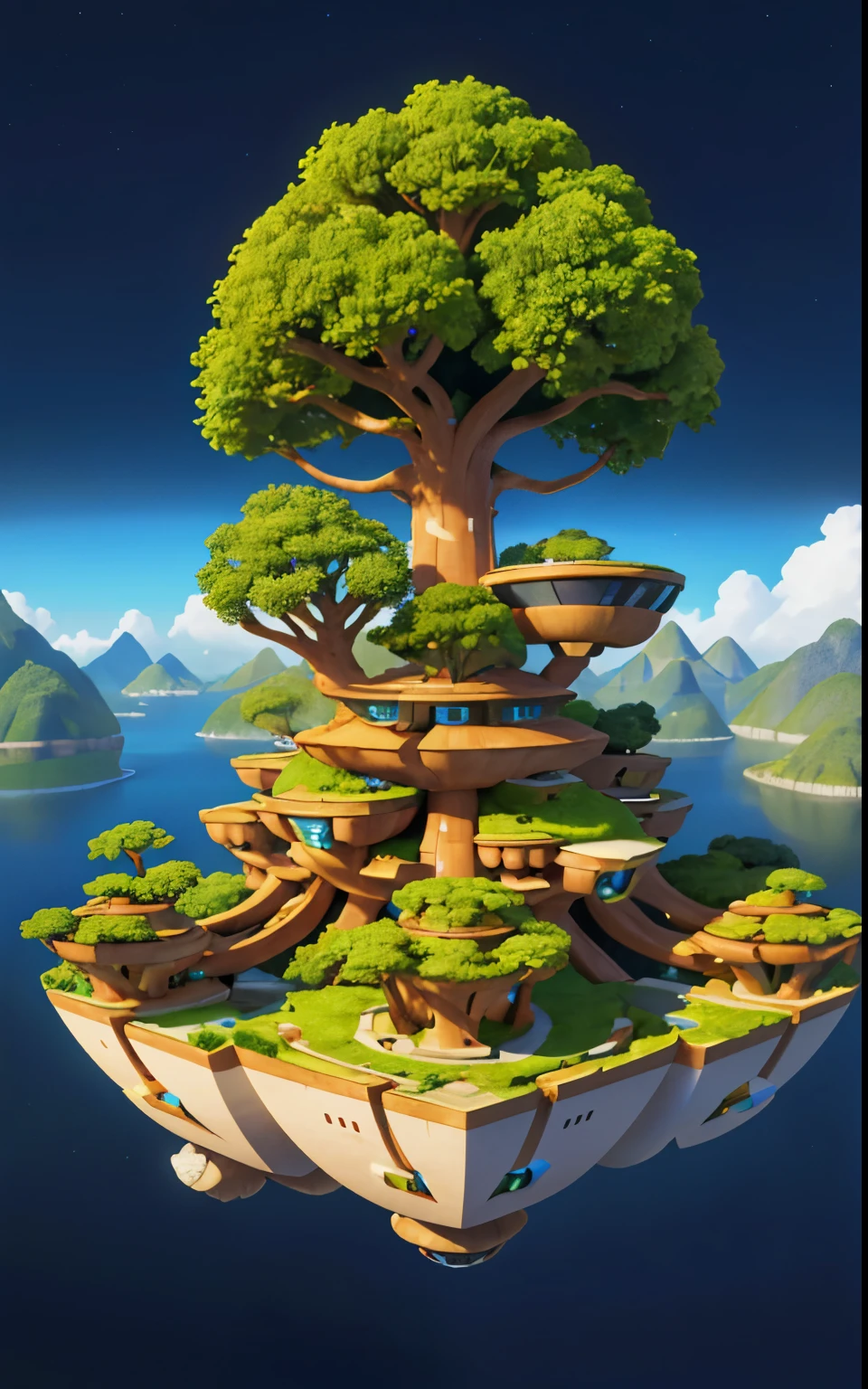 futuristic civilization that live in a tree city with cinema reality beautiful landscape in a futuristic sky with a wealth of details beautiful cozy place to live hyper realistic floating civilization in the earth landscape