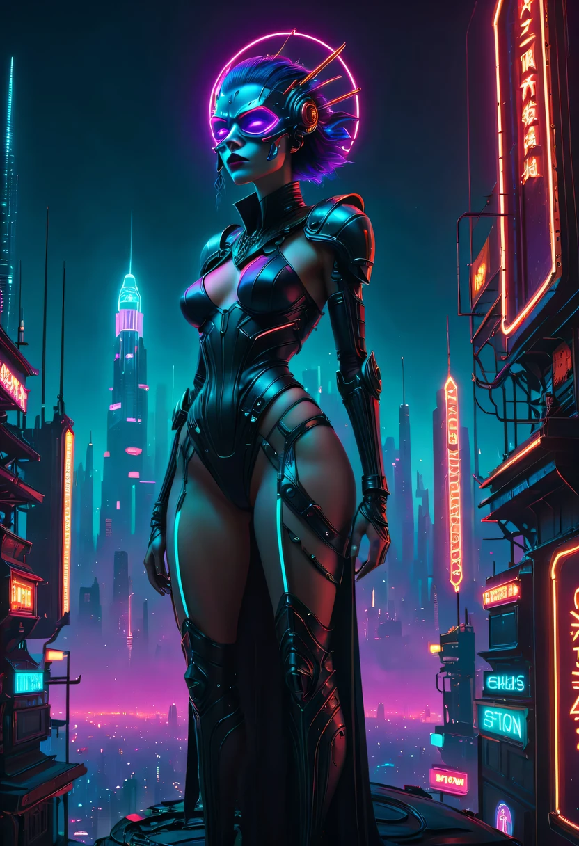 Meniscus，epic fantasy digital art style, and Mumford Tom Bagshaw.., dark fantasy style art, Epic fantasy art style,, dark fantasy art style,  Epic fantasy art style HD, dark fantasy digital art，"artistic image type: {Perched on cybernetics, Investigate the vast cyber city below. masks, Incorporate neon lights, Compare her tech-enhanced body, Embedded LEDs and retractable technology weapons shine. In a striking pose, seems ready for action, A fusion of ancient legends and visions of the future}, Excellent location，Features city views, (Vibrant neon lights:1.5), (digitial painting:1.25), (4K:1.2). enviroment: panoramic view of a city，Fly over the skyline."