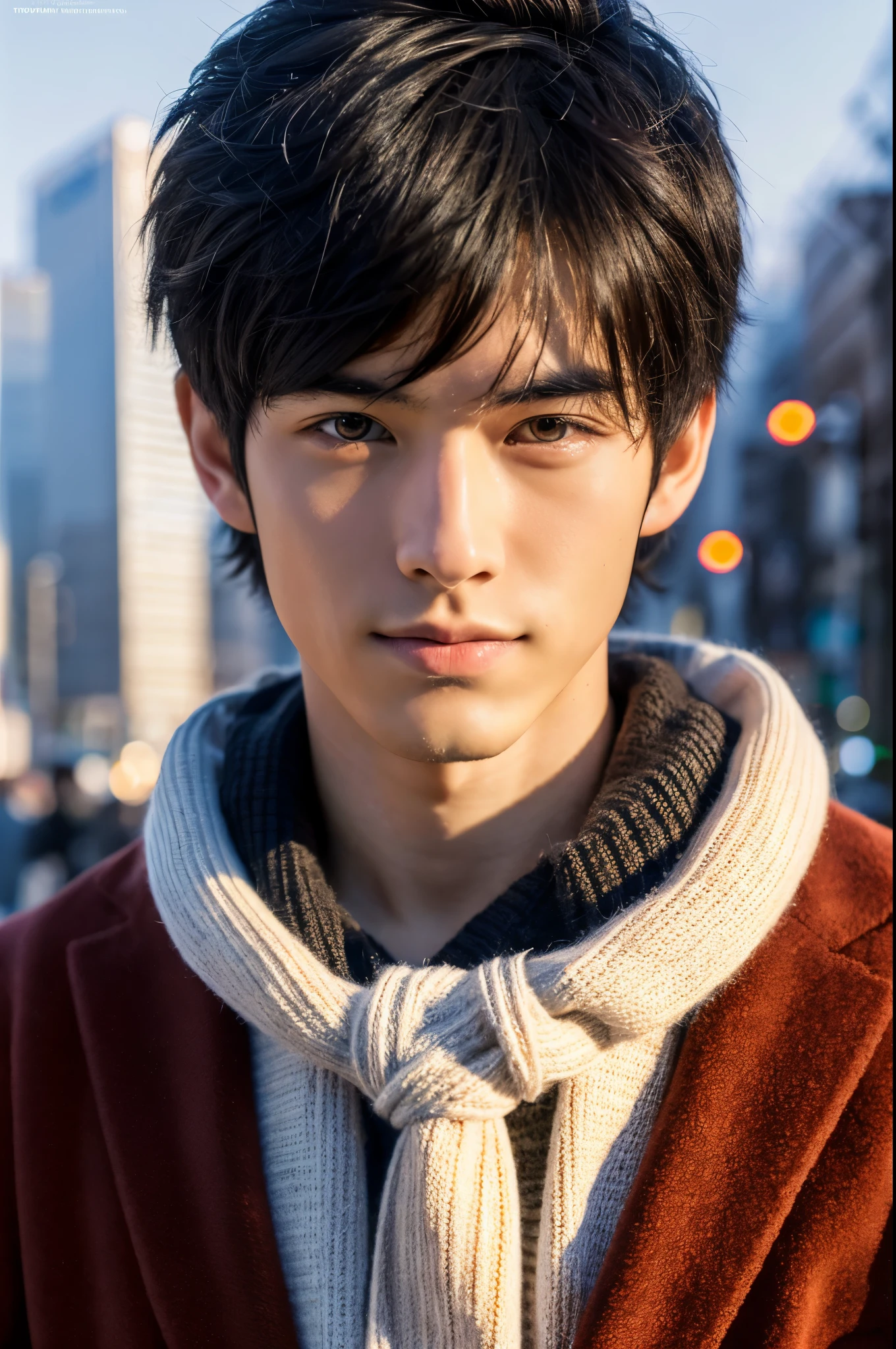 Photorealsitic, 8K full body poster, Beautiful Boys, japanes, An 18-year-old man, A charming expression, detailed face details, TOKYOcty, Winters, Shibuya in the background