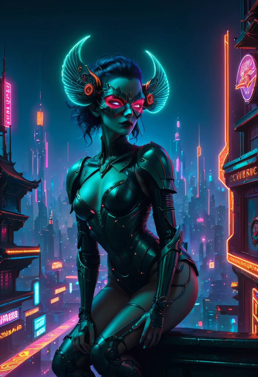 Meniscus,epic fantasy digital art style, and Mumford Tom Bagshaw.., dark fantasy style art, Epic fantasy art style,, dark fantasy art style, Epic fantasy art style HD, dark fantasy digital art,"artistic image type: {Perched on cybernetics, Investigate the vast cyber city below. masks, Incorporate neon lights, Compare her tech-enhanced body, Embedded LEDs and retractable technology weapons shine. In a striking pose, seems ready for action, A fusion of ancient legends and visions of the future}, Excellent location,Features city views, (Vibrant neon lights:1.5), (digitial painting:1.25), (4K:1.2). enviroment: panoramic view of a city,Fly over the skyline."