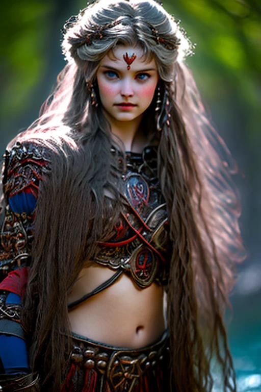 Mujer guerrera vikinga con ojos azules y cabello rojo.. El entorno es un bosque escandinavo en primavera. Imagen de ultra calidad con detalles realistas. HDR