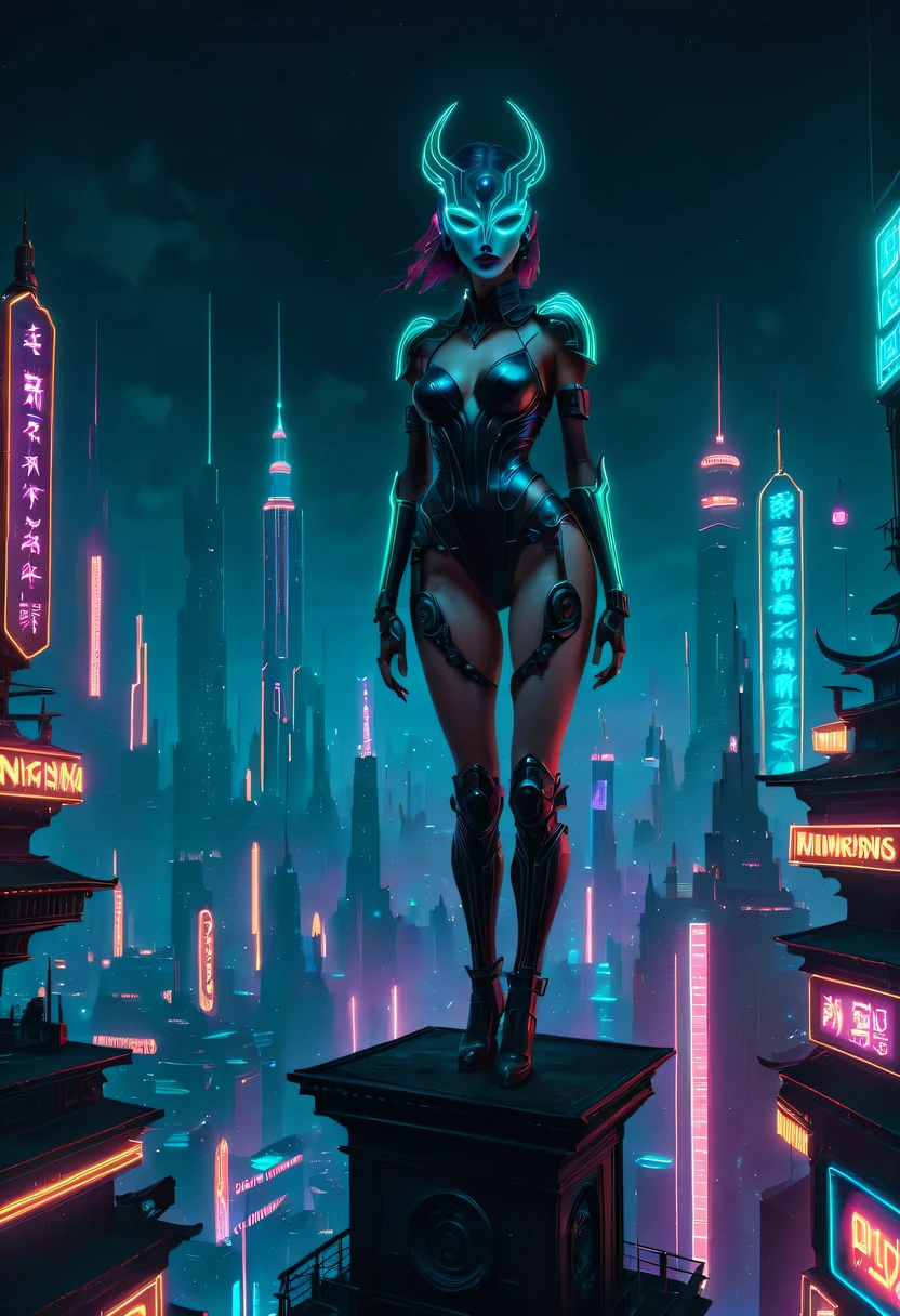 Meniscus,epic fantasy digital art style, and Mumford Tom Bagshaw.., dark fantasy style art, Epic fantasy art style,, dark fantasy art style, Epic fantasy art style HD, dark fantasy digital art,"artistic image type: {Perched on cybernetics, Investigate the vast cyber city below. masks, Incorporate neon lights, Compare her tech-enhanced body, Embedded LEDs and retractable technology weapons shine. In a striking pose, seems ready for action, A fusion of ancient legends and visions of the future}, Excellent location,Features city views, (Vibrant neon lights:1.5), (digitial painting:1.25), (4K:1.2). enviroment: panoramic view of a city,Fly over the skyline."