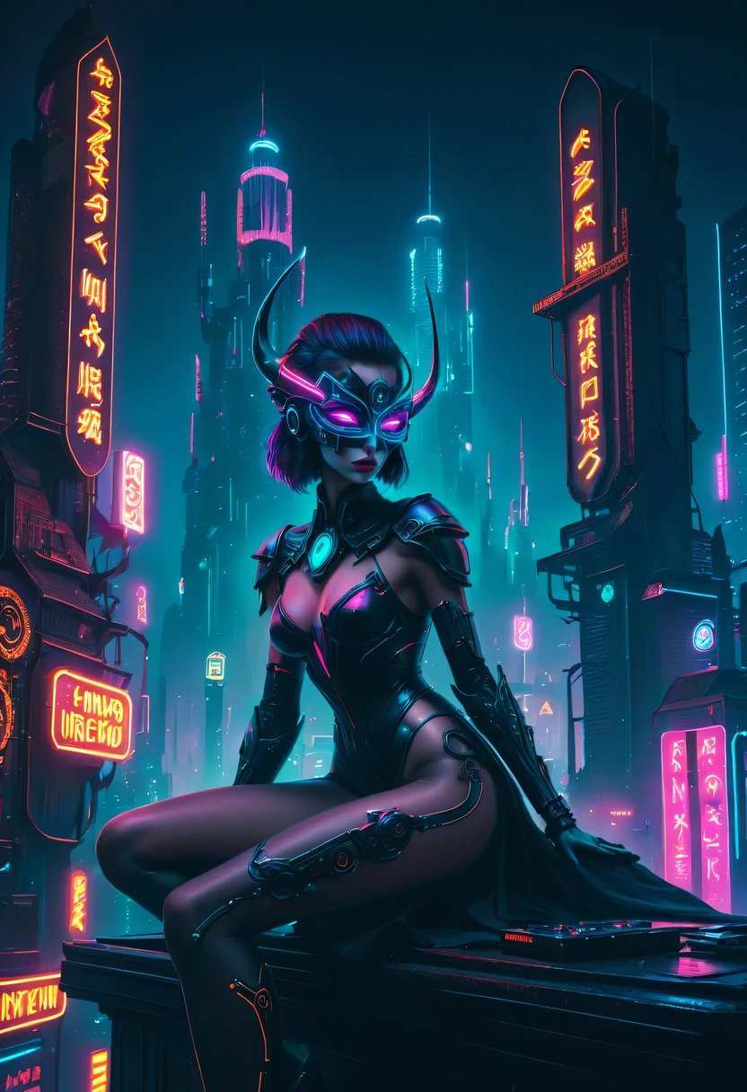 Meniscus,epic fantasy digital art style, and Mumford Tom Bagshaw.., dark fantasy style art, Epic fantasy art style,, dark fantasy art style, Epic fantasy art style HD, dark fantasy digital art,"artistic image type: {Perched on cybernetics, Investigate the vast cyber city below. masks, Incorporate neon lights, Compare her tech-enhanced body, Embedded LEDs and retractable technology weapons shine. In a striking pose, seems ready for action, A fusion of ancient legends and visions of the future}, Excellent location,Features city views, (Vibrant neon lights:1.5), (digitial painting:1.25), (4K:1.2). enviroment: panoramic view of a city,Fly over the skyline."