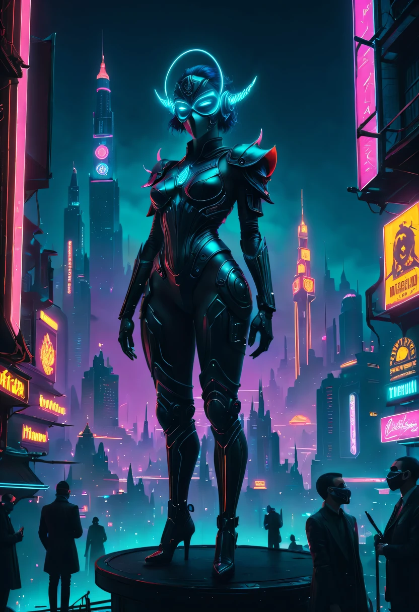 Meniscus，epic fantasy digital art style, and Mumford Tom Bagshaw.., dark fantasy style art, Epic fantasy art style,, dark fantasy art style,  Epic fantasy art style HD, dark fantasy digital art，"artistic image type: {Perched on cybernetics, Investigate the vast cyber city below. masks, Incorporate neon lights, Compare her tech-enhanced body, Embedded LEDs and retractable technology weapons shine. In a striking pose, seems ready for action, A fusion of ancient legends and visions of the future}, Excellent location，Features city views, (Vibrant neon lights:1.5), (digitial painting:1.25), (4K:1.2). enviroment: panoramic view of a city，Fly over the skyline."