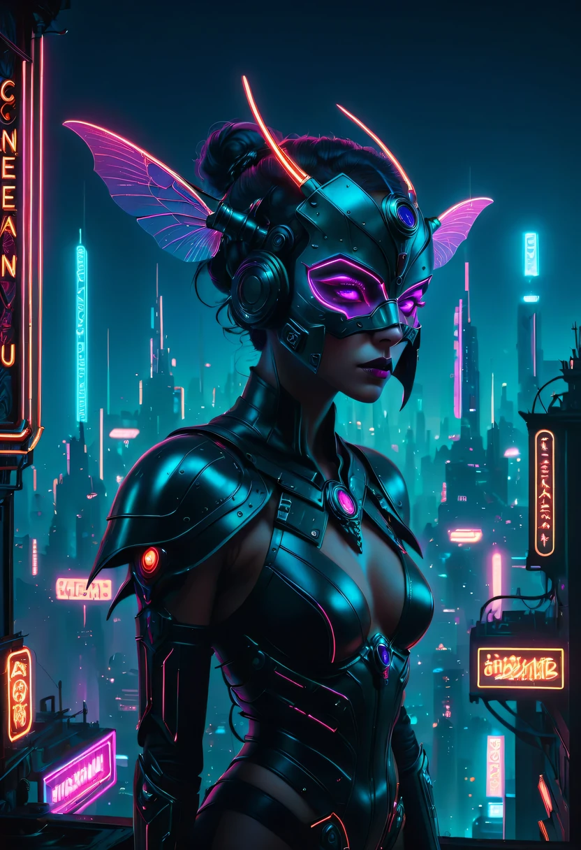 Meniscus,epic fantasy digital art style, and Mumford Tom Bagshaw.., dark fantasy style art, Epic fantasy art style,, dark fantasy art style, Epic fantasy art style HD, dark fantasy digital art,"artistic image type: {Perched on cybernetics, Investigate the vast cyber city below. masks, Incorporate neon lights, Compare her tech-enhanced body, Embedded LEDs and retractable technology weapons shine. In a striking pose, seems ready for action, A fusion of ancient legends and visions of the future}, Excellent location,Features city views, (Vibrant neon lights:1.5), (digitial painting:1.25), (4K:1.2). enviroment: panoramic view of a city,Fly over the skyline."
