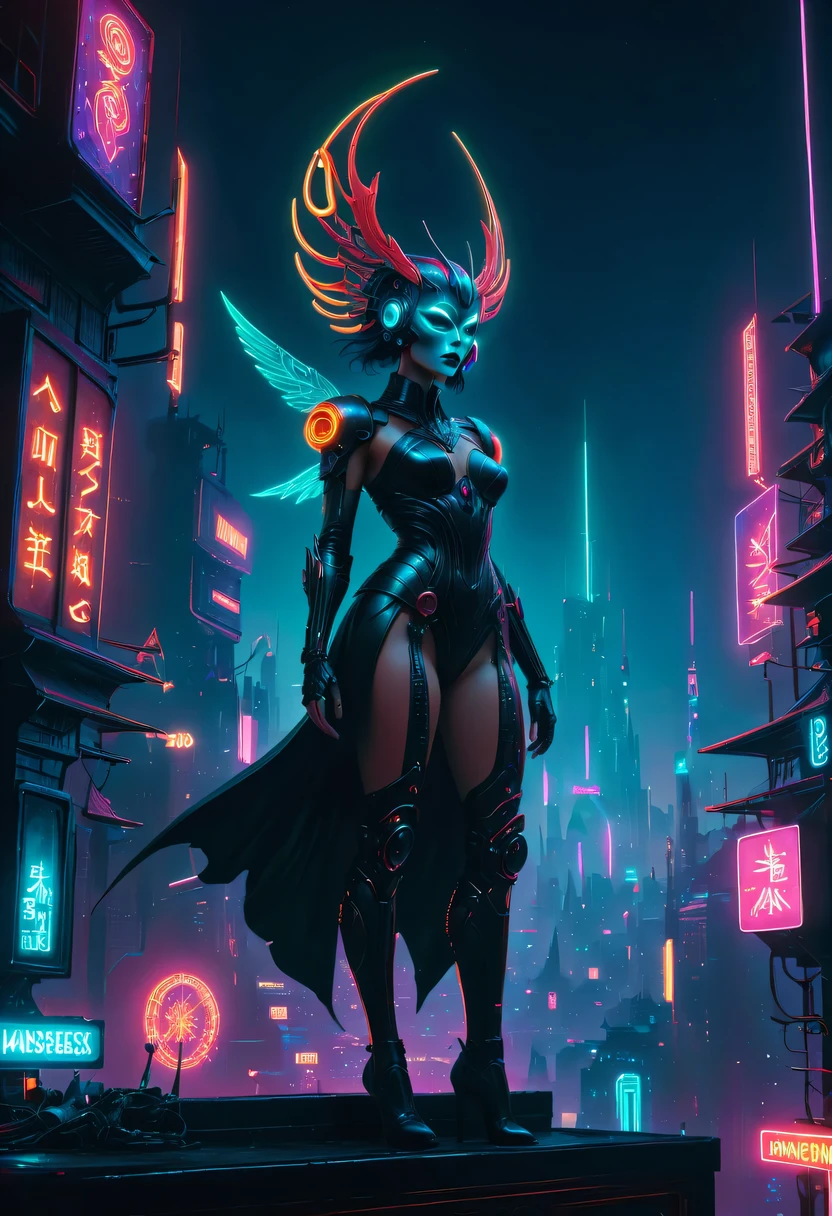 Meniscus,epic fantasy digital art style, and Mumford Tom Bagshaw.., dark fantasy style art, Epic fantasy art style,, dark fantasy art style, Epic fantasy art style HD, dark fantasy digital art,"artistic image type: {Perched on cybernetics, Investigate the vast cyber city below. masks, Incorporate neon lights, Compare her tech-enhanced body, Embedded LEDs and retractable technology weapons shine. In a striking pose, seems ready for action, A fusion of ancient legends and visions of the future}, Excellent location,Features city views, (Vibrant neon lights:1.5), (digitial painting:1.25), (4K:1.2). enviroment: panoramic view of a city,Fly over the skyline."