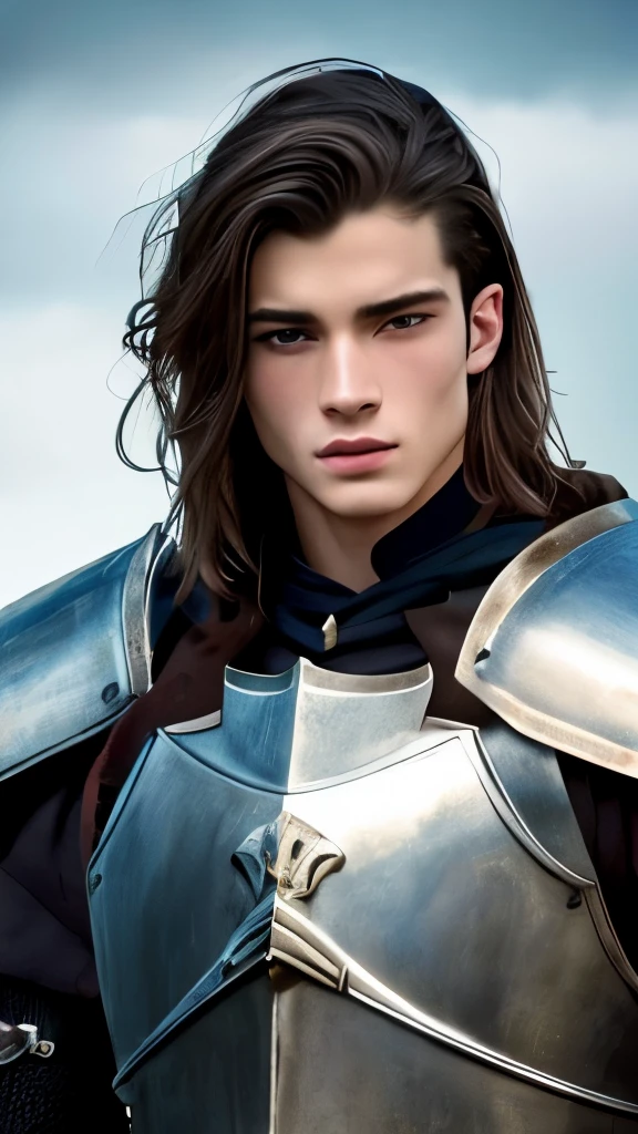 A young man, European medieval scene, medieval knight in armor, shirtless, pecs, abs, handsome, attractive boy, European boy, best quality, cinematic, the most handsome boy, strong jaw, harmonious face, focus in the boy, heroic, medieval hero, photo realism, movie scene