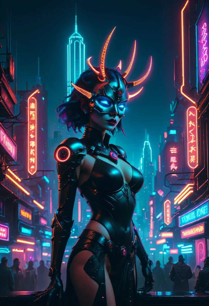 Meniscus,epic fantasy digital art style, and Mumford Tom Bagshaw.., dark fantasy style art, Epic fantasy art style,, dark fantasy art style, Epic fantasy art style HD, dark fantasy digital art,"artistic image type: {Perched on cybernetics, Investigate the vast cyber city below. masks, Incorporate neon lights, Compare her tech-enhanced body, Embedded LEDs and retractable technology weapons shine. In a striking pose, seems ready for action, A fusion of ancient legends and visions of the future}, Excellent location,Features city views, (Vibrant neon lights:1.5), (digitial painting:1.25), (4K:1.2). enviroment: panoramic view of a city,Fly over the skyline."