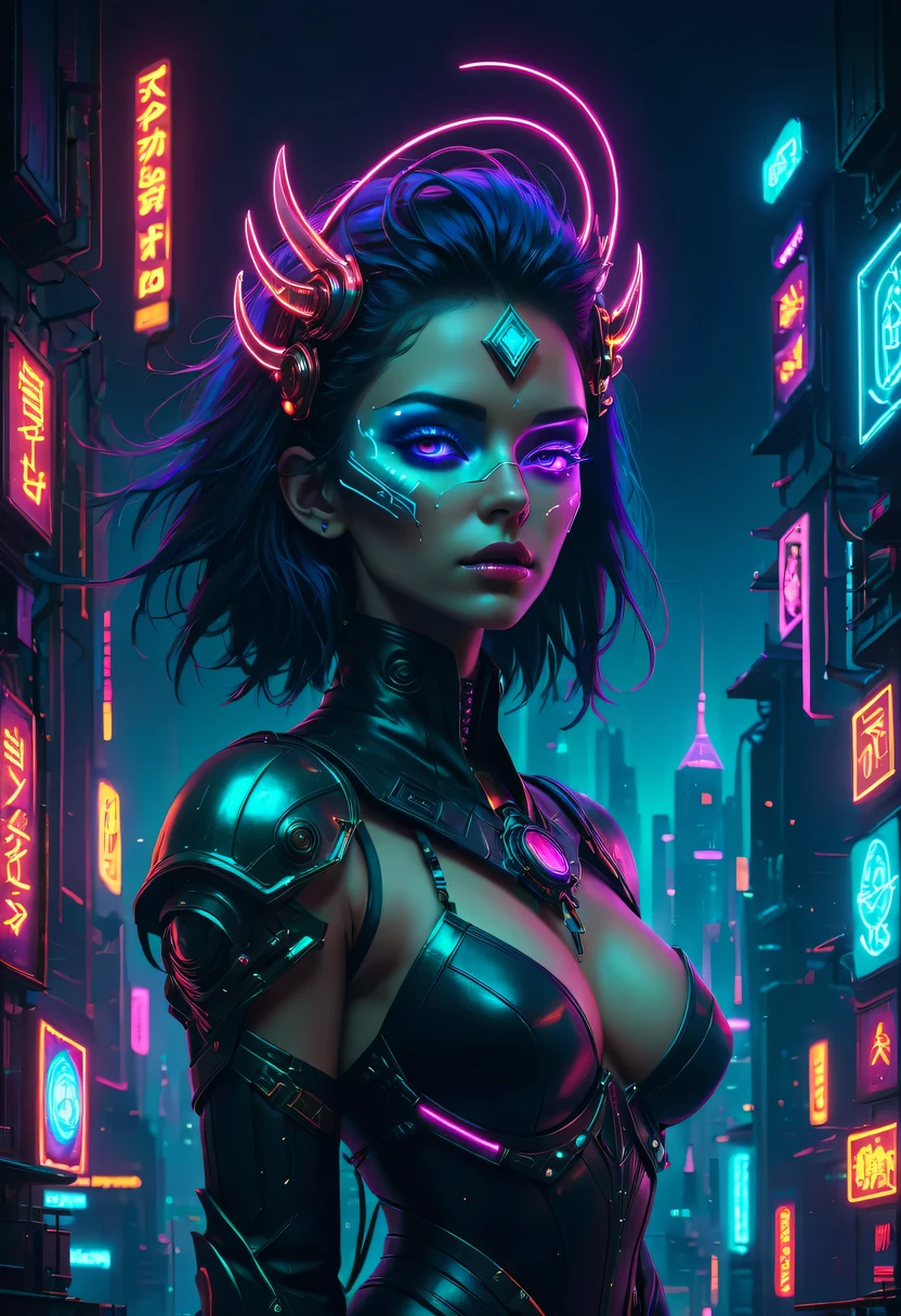 Meniscus，epic fantasy digital art style, and Mumford Tom Bagshaw.., dark fantasy style art, Epic fantasy art style,, dark fantasy art style,  Epic fantasy art style HD, dark fantasy digital art，"artistic image type: {Perched on cybernetics, Investigate the vast cyber city below. masks, Incorporate neon lights, Compare her tech-enhanced body, Embedded LEDs and retractable technology weapons shine. In a striking pose, seems ready for action, A fusion of ancient legends and visions of the future}, Excellent location，Features city views, (Vibrant neon lights:1.5), (digitial painting:1.25), (4K:1.2). enviroment: panoramic view of a city，Fly over the skyline."