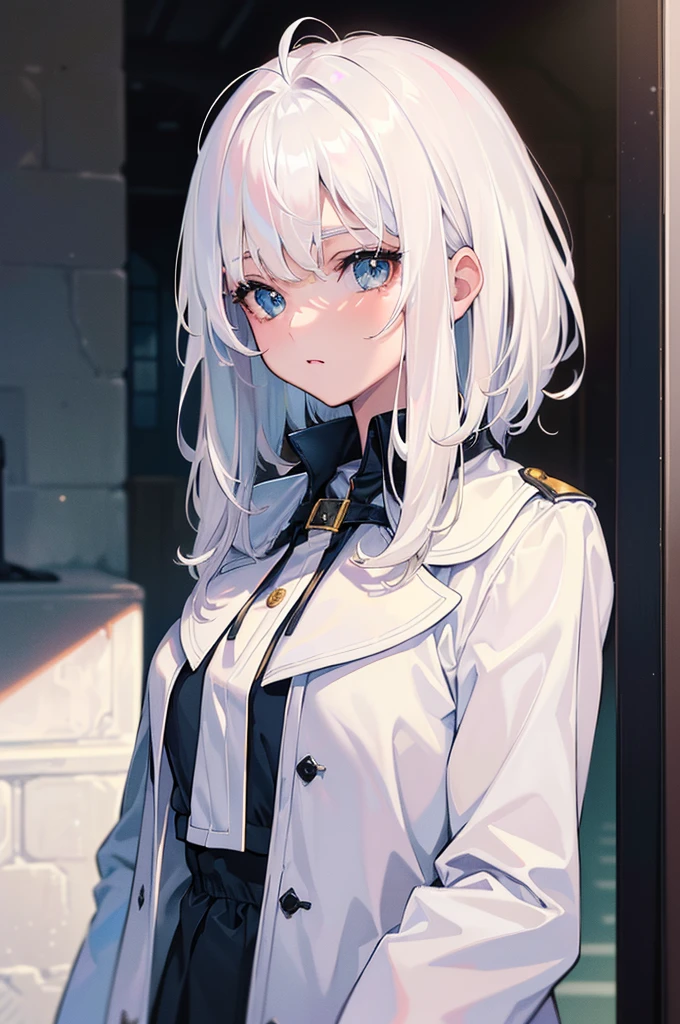 (Masterpiece, Best quality, 8K, offcial art, RAW photo:1.3), coat large, Beautiful girl, Pretty face, teens girl, (White hair:1.4) A high resolution, illustration