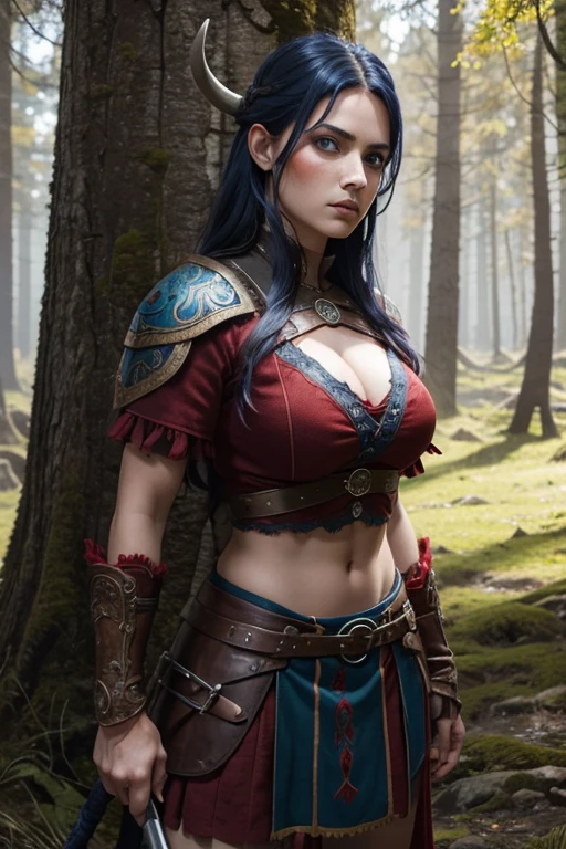 Mujer guerrera vikinga con ojos azules y cabello rojo.. El entorno es un bosque escandinavo en primavera. Imagen de ultra calidad con detalles realistas. HDR