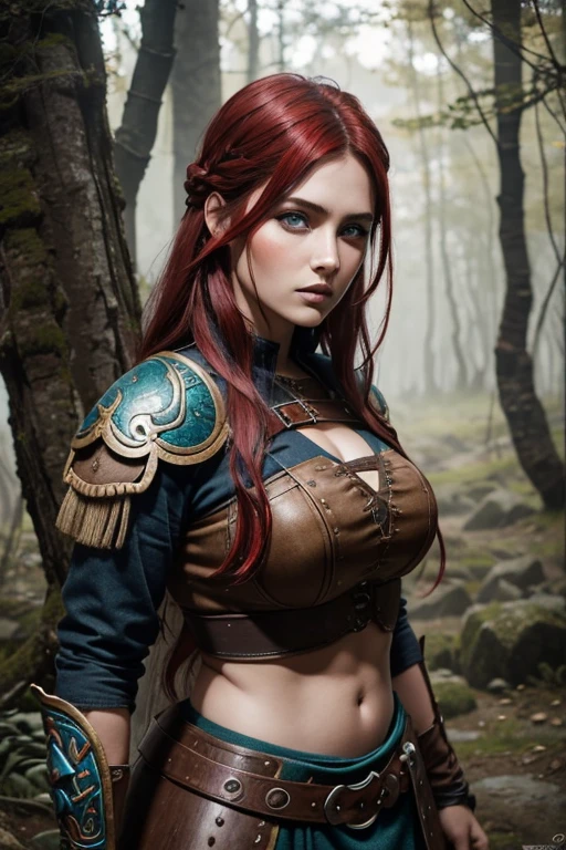 Jeune femme de 25 ans, visage fin, cheveux long, red hairs, yeux verts, tâches de rousseur sur tout le corps, HD, 8K, masterpiece, sourire romantique, sexy, metal lingery, celtic design chest armor, guerrière viking, celtic tattoo, at night, viking chest tattoo, aurore boreale, milky way, voile de soie transparente sur les seins