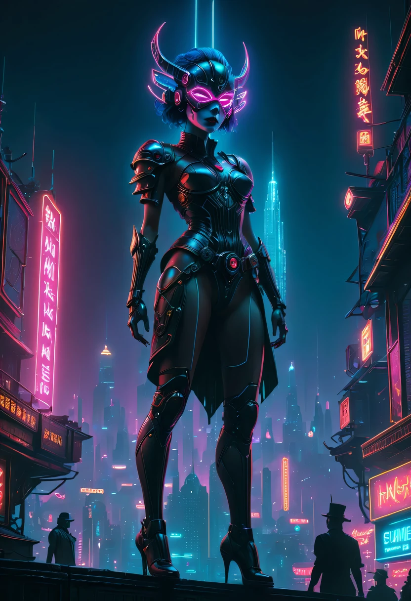 Meniscus，epic fantasy digital art style, and Mumford Tom Bagshaw.., dark fantasy style art, Epic fantasy art style,, dark fantasy art style,  Epic fantasy art style HD, dark fantasy digital art，"artistic image type: {Perched on cybernetics, Investigate the vast cyber city below. masks, Incorporate neon lights, Compare her tech-enhanced body, Embedded LEDs and retractable technology weapons shine. In a striking pose, seems ready for action, A fusion of ancient legends and visions of the future}, Excellent location，Features city views, (Vibrant neon lights:1.5), (digitial painting:1.25), (4K:1.2). enviroment: panoramic view of a city，Fly over the skyline."