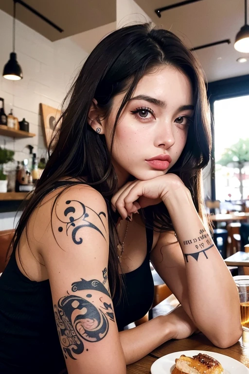 Photo of a 20 year old brunette woman., que tiene una cara muy natural, labios finos, Ojos delgados, cejas finas, nariz delgada, Pendientes, long eyeslashes.Desnuda,grandes pechos,tattoo on arms She takes a cute selfie in a cafe.