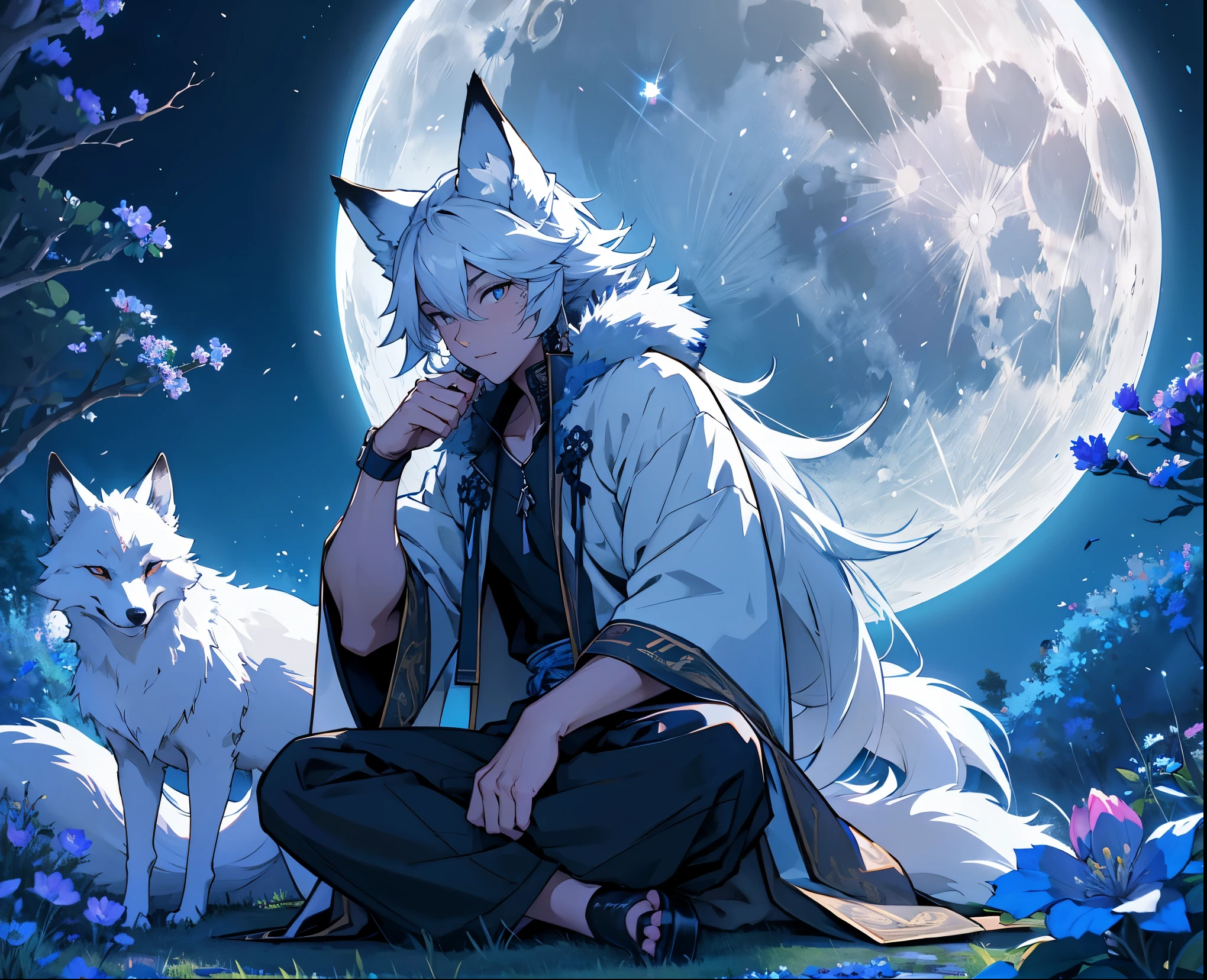 silver-furred fox with nine tails under a tree full of blue flowers with the moon behind